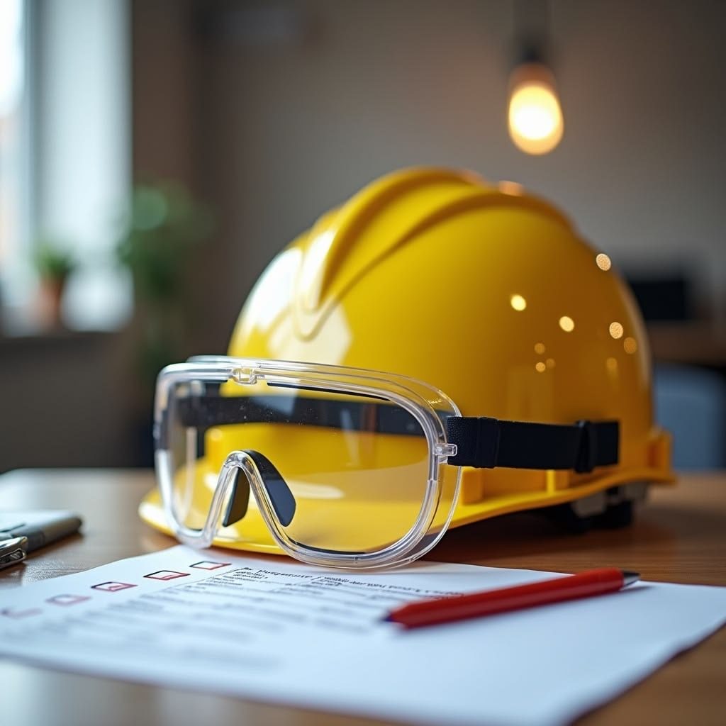 A hard hat, safety goggles and an inspection checklist ready for a site audit