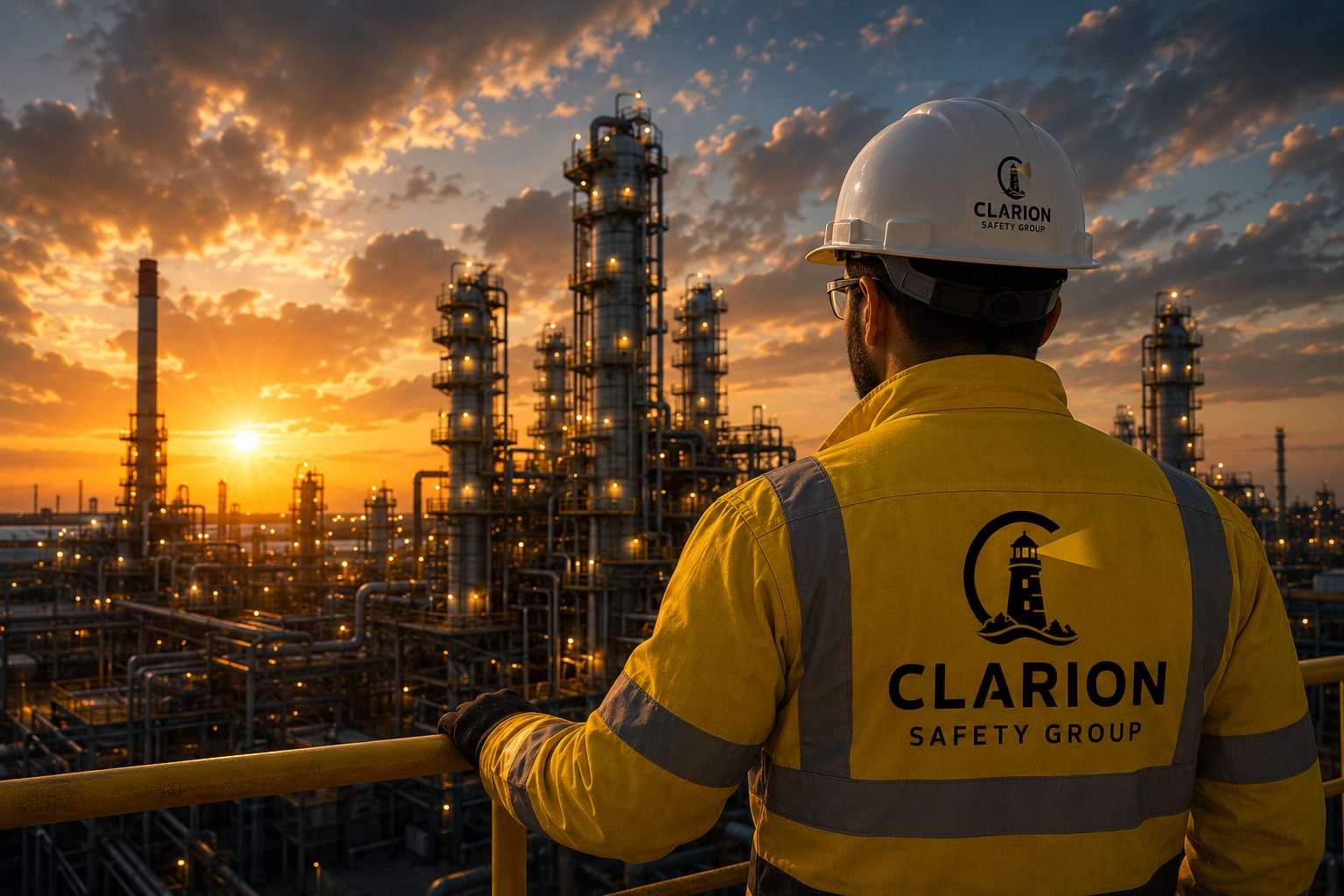 A Clarion safety lead overlooking a refinery at sunset